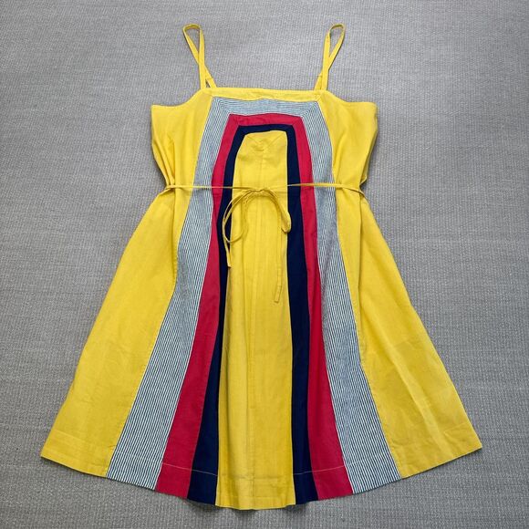 Allihop Striped yellow cotton/linen patchwork boho hippie sundress tie waist Lg - Picture 1 of 8